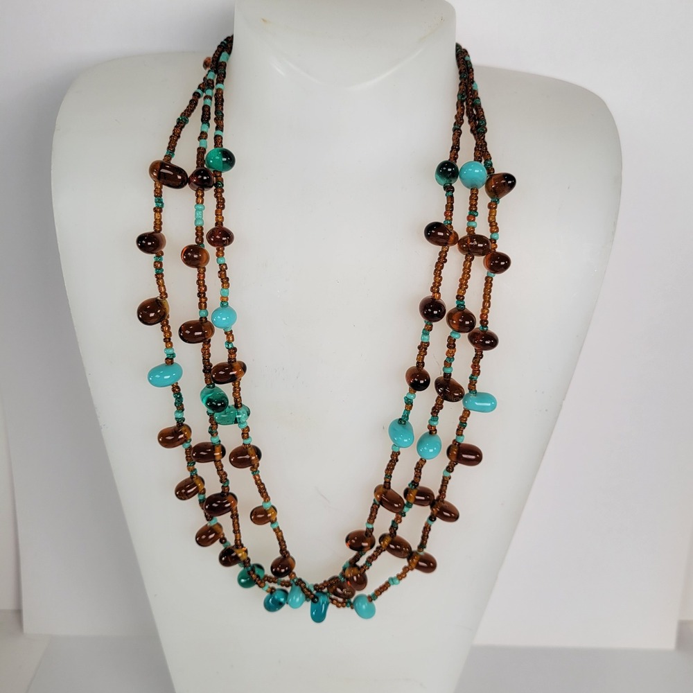 Triple Strand‎ Southwest Beaded Necklace Turquoise Amber Brown Acrylic Boho